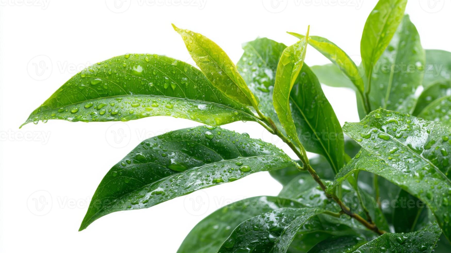 Closeup of Fresh Green Tea Leaves with Water Drops photo