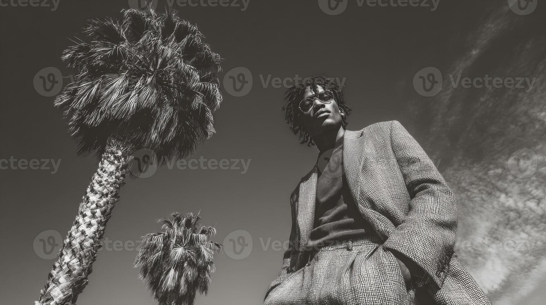Monochrome Portrait of a Man in Patterned Clothing Under Palm Trees photo