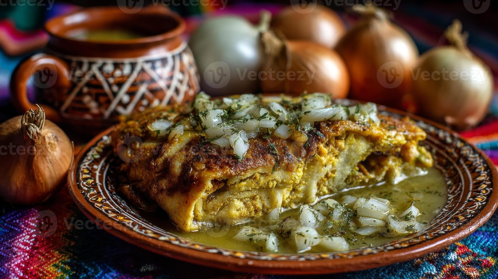 Warm Cheese Omelette with Onions and Sauce on a Rustic Plate photo