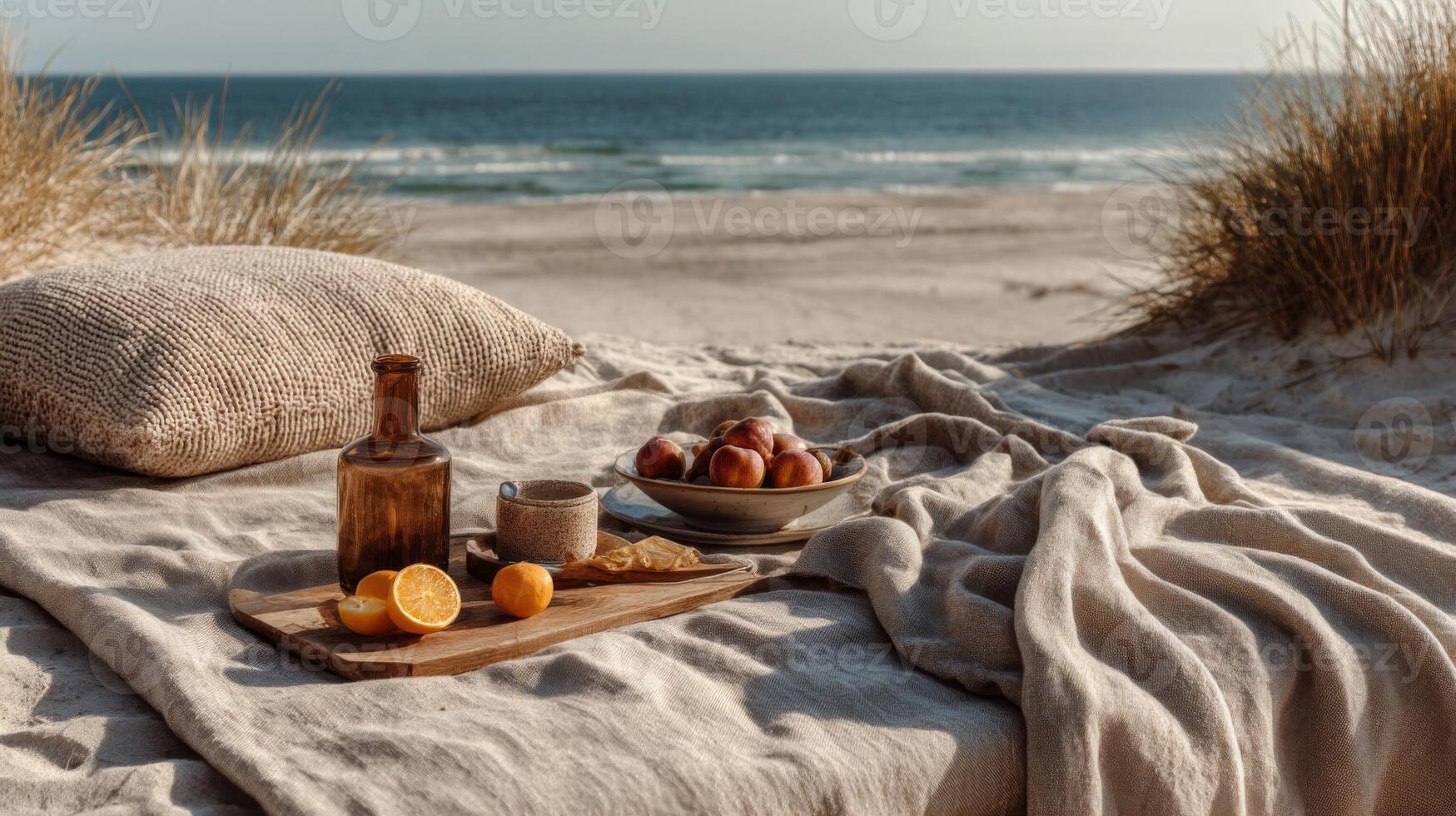 Beach Picnic with Fruit and Bottle on Sandy Shore photo