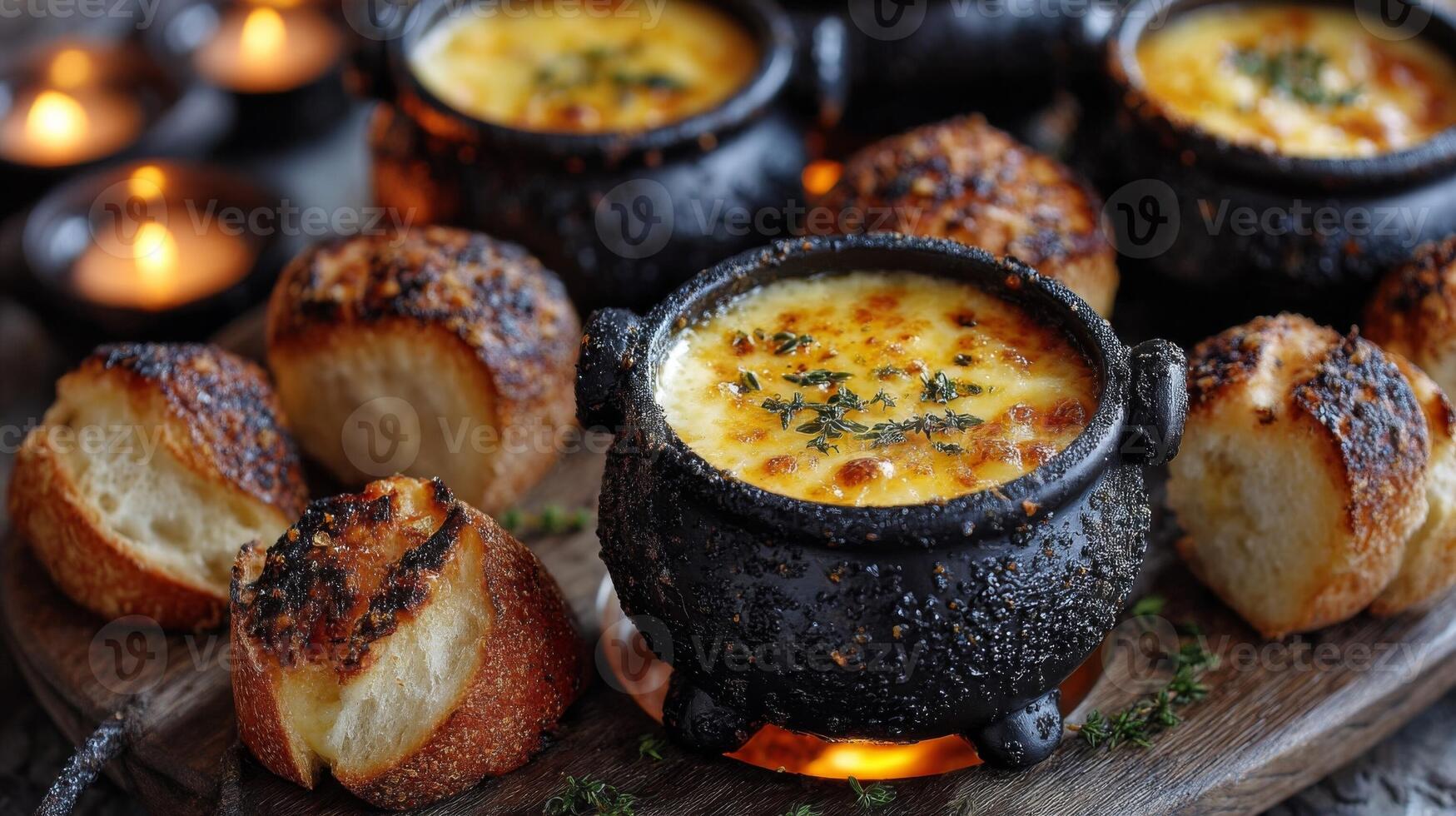 Warm Cheese Soup with Toasted Bread in a Rustic Setting photo