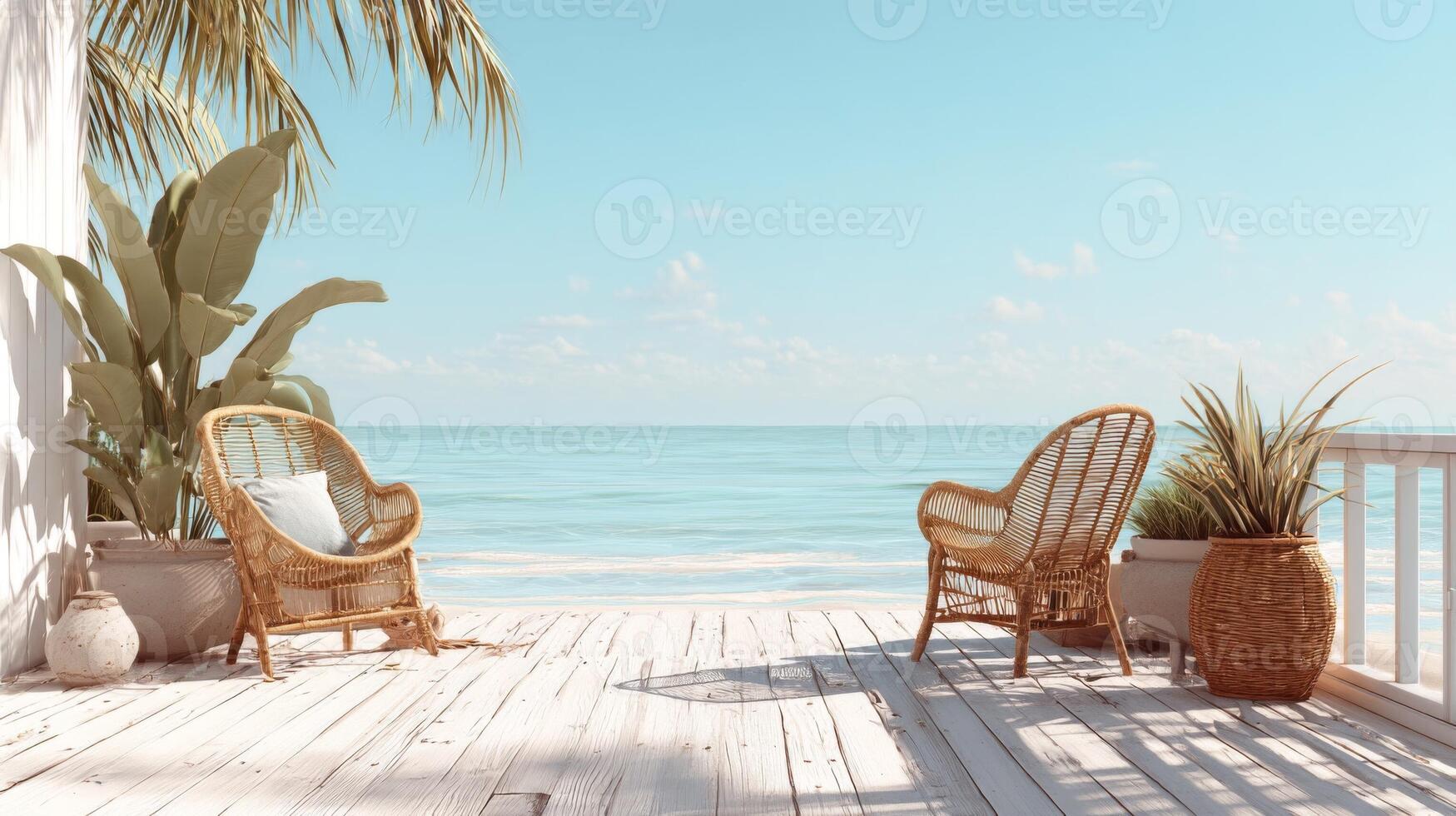Serene Beachfront Patio with Wicker Chairs photo