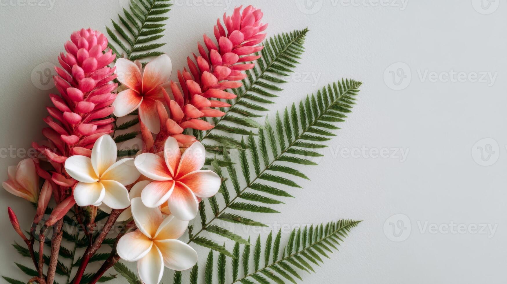 Pink and White Tropical Flowers with Fern on White Background photo