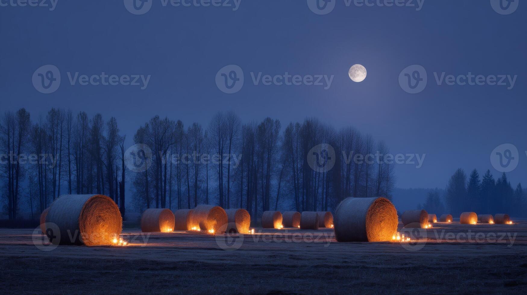 Hay Bales Illuminated by Moonlight in a Winter Field photo