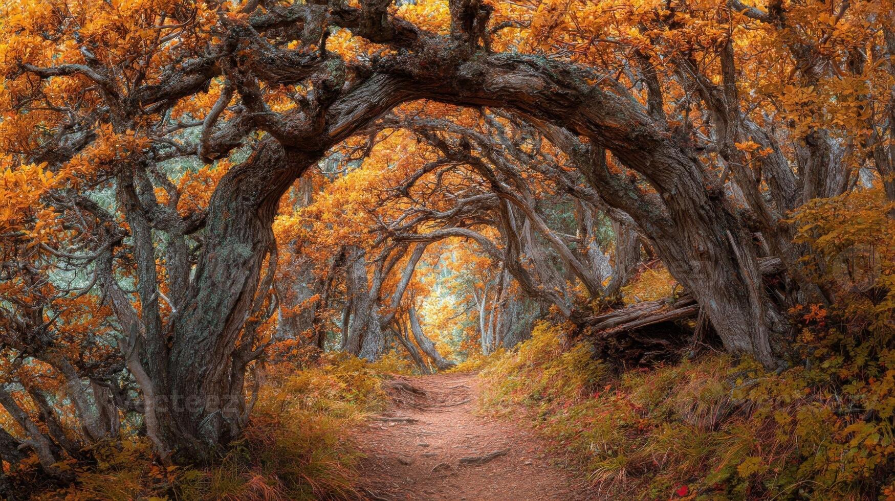 Autumn Forest Path with Orange and Brown Leaves photo