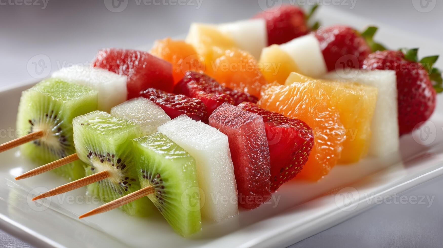 Colorful Fruit Skewers on White Plate photo