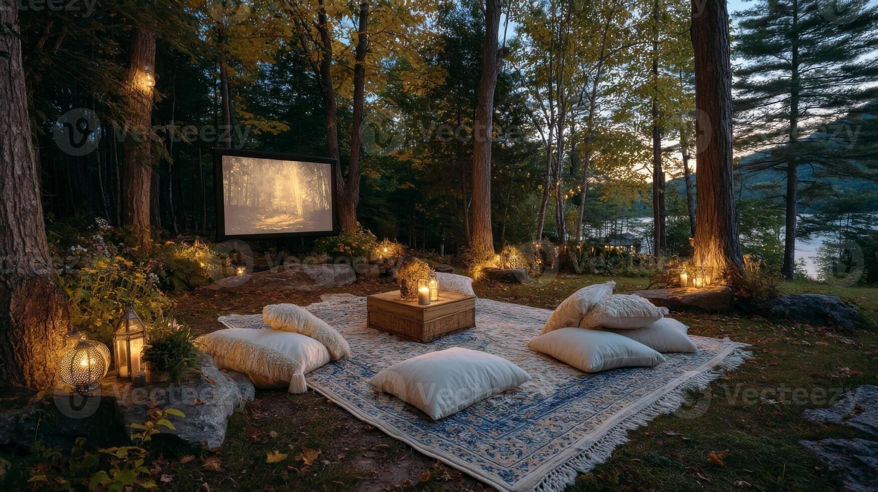 Outdoor Movie Night in a Forest Setting photo
