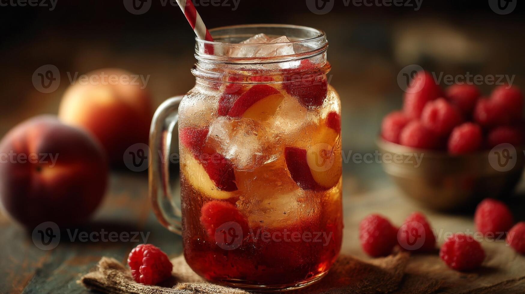 Refreshing Peach Raspberry Iced Tea in Mason Jar photo