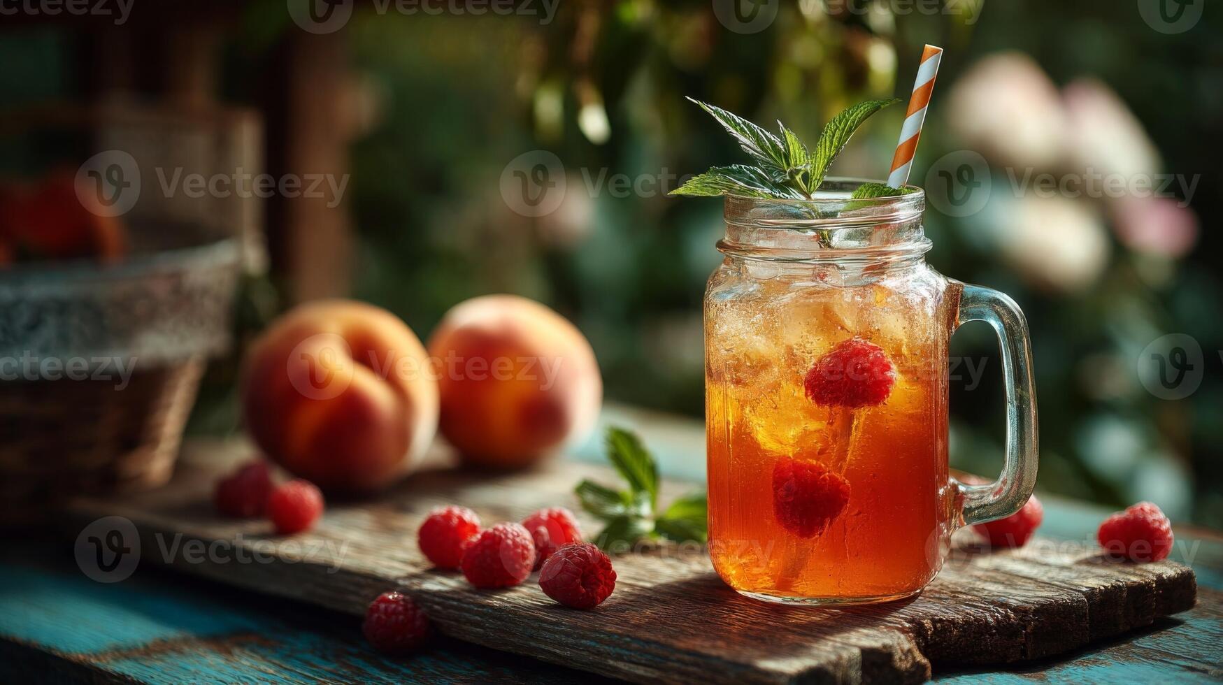 Refreshing Iced Tea with Peach and Raspberry photo