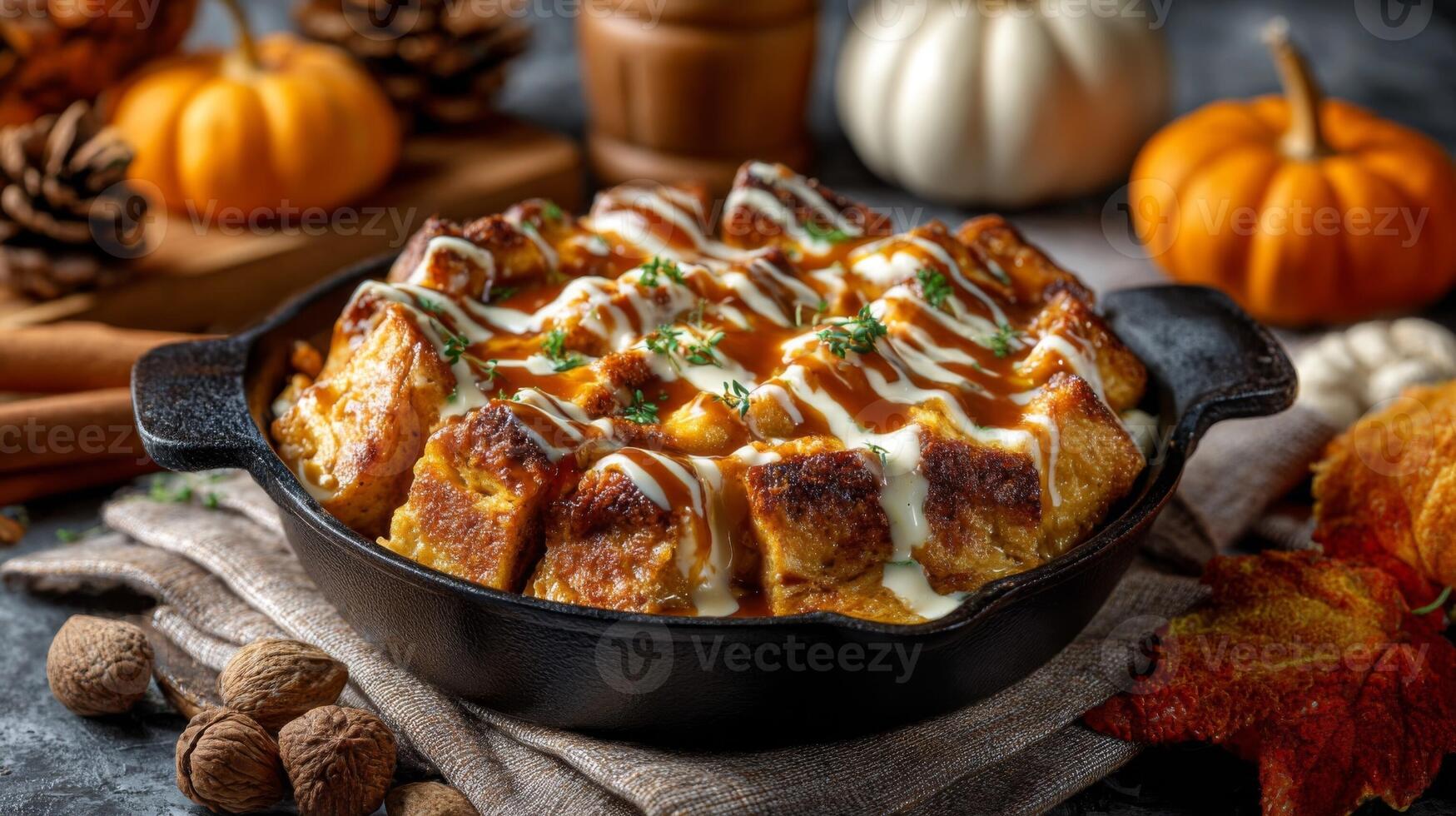 Pumpkin Bread Pudding with Creamy Custard Sauce Autumnal Dessert photo