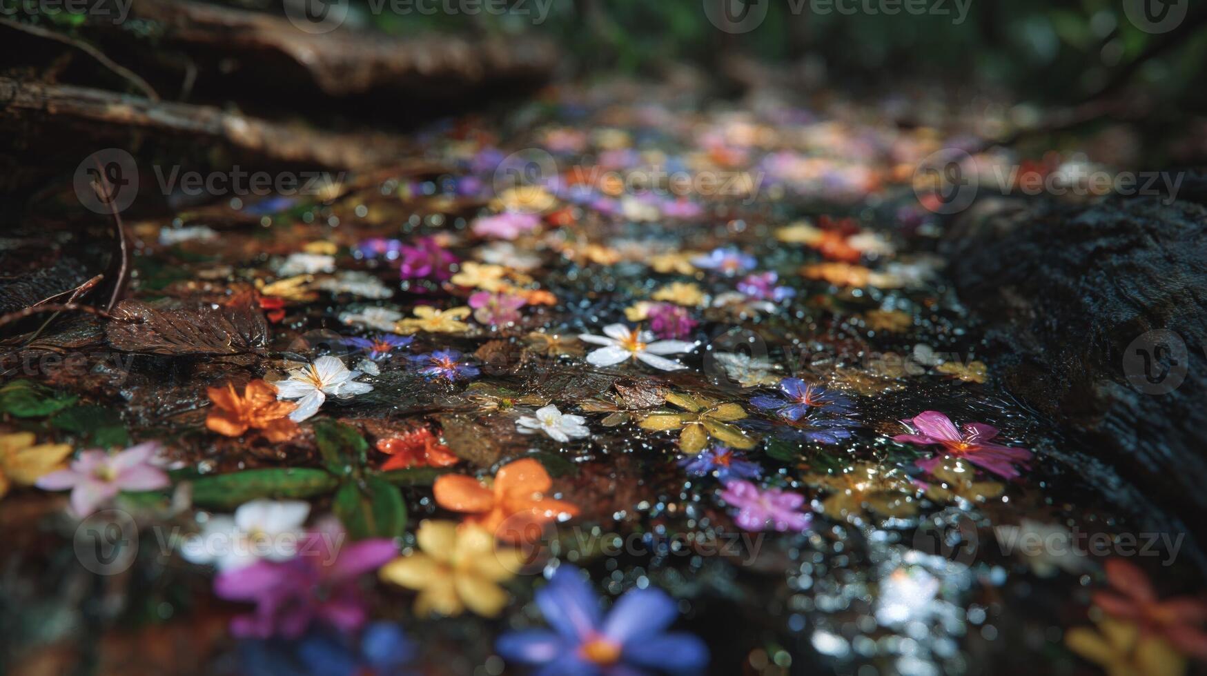 Colorful Flowers Floating on a Forest Stream photo