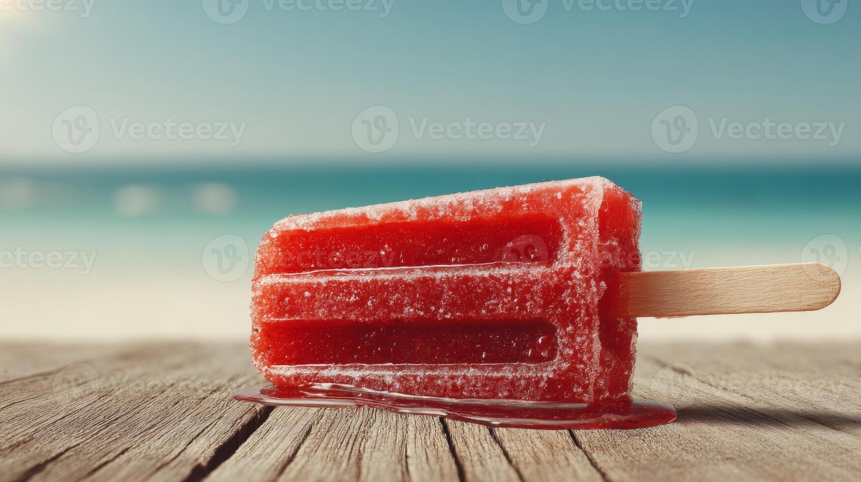 Melting Red Popsicle on a Beach Wooden Surface photo
