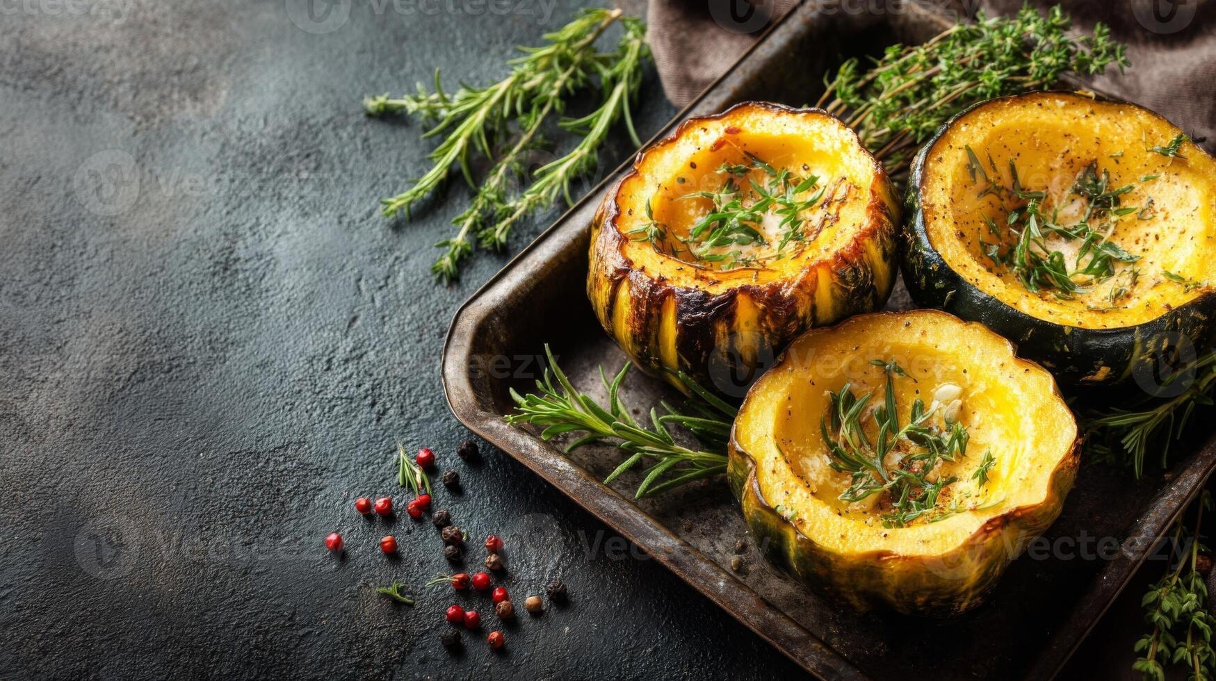 Roasted Pumpkin with Herbs on Dark Background photo