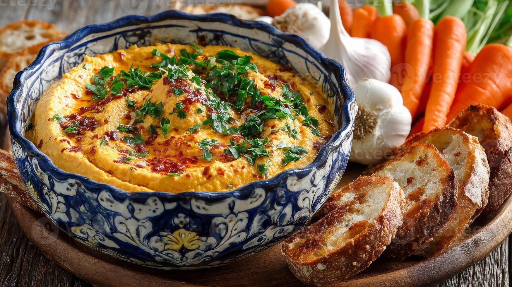 Creamy Hummus with Carrots and Toasted Bread photo