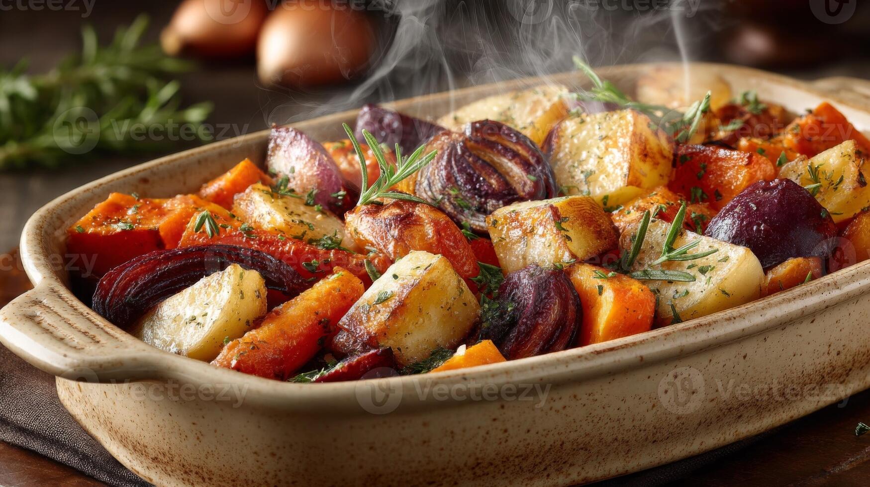 Roasted Root Vegetables with Herbs in a Beige Dish photo
