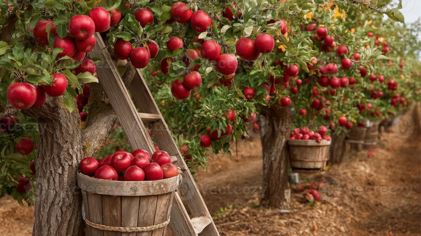 Rows of Apple Trees Laden with Ripe Red Apples photo