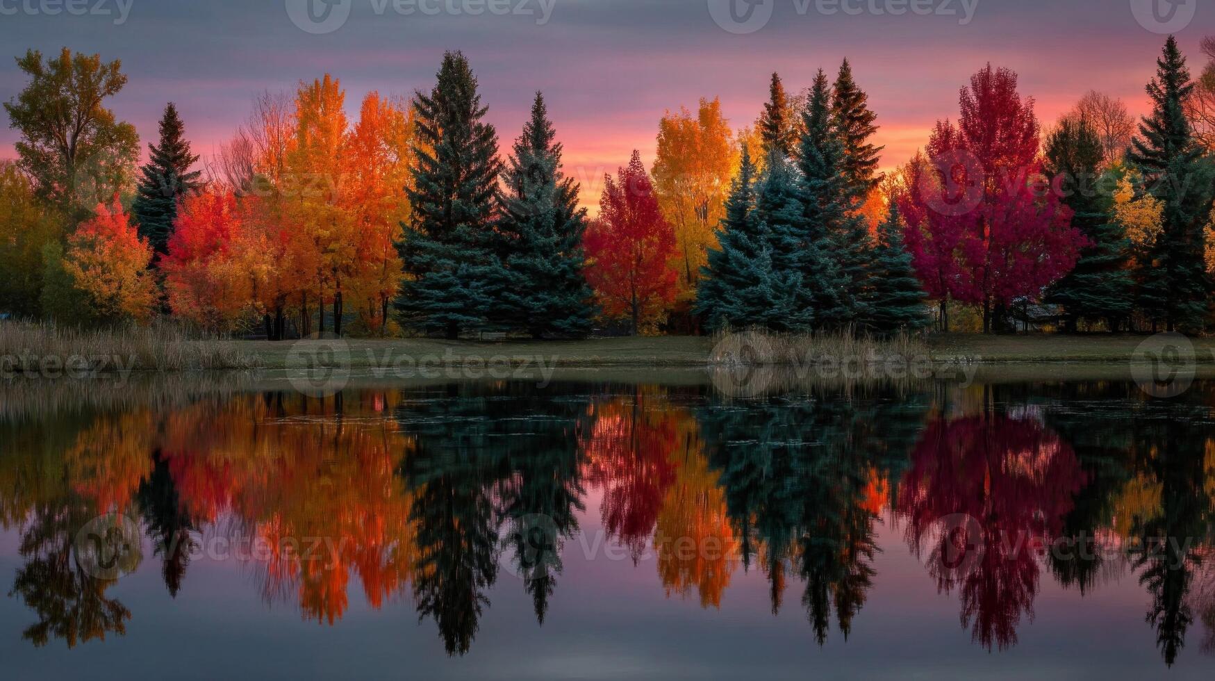 Autumn Trees Reflecting in Calm Lake at Sunset photo
