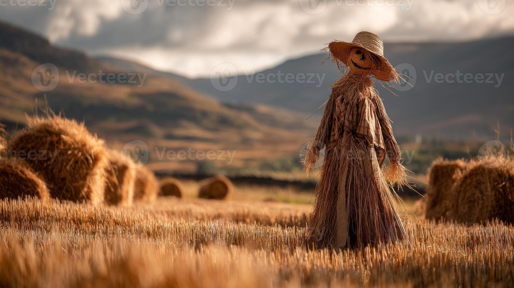 Rustic Scarecrow in a Golden Hay Field with Mountain Background photo