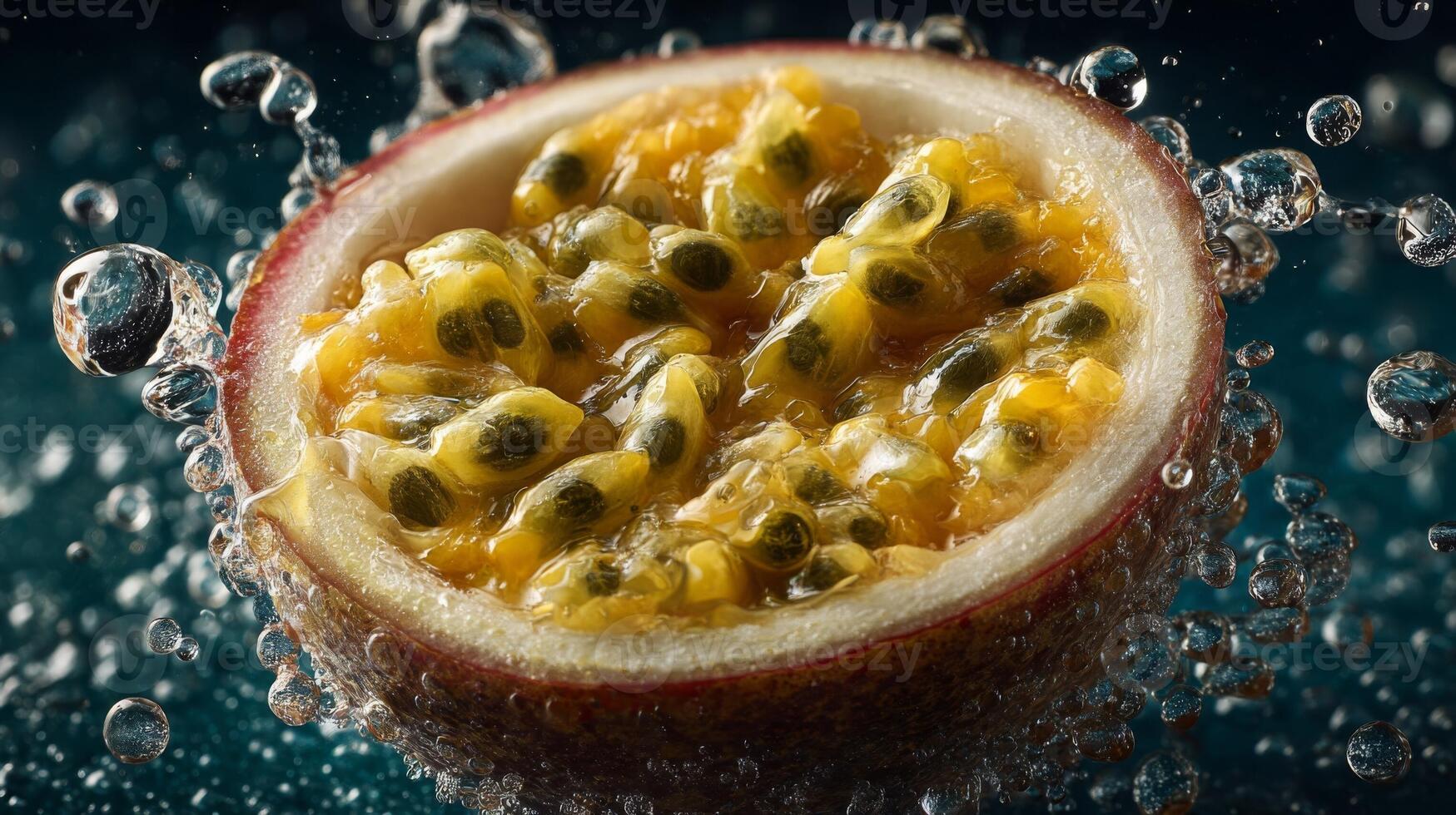 Closeup of a Passion Fruit Sliced in Half, Submerged in Water with Bubbles photo