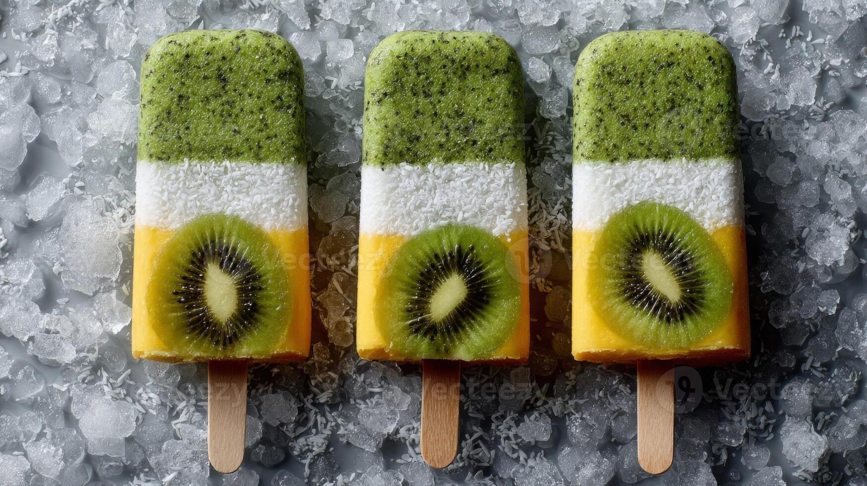 Three Layered Kiwi Mango Popsicles on Ice photo