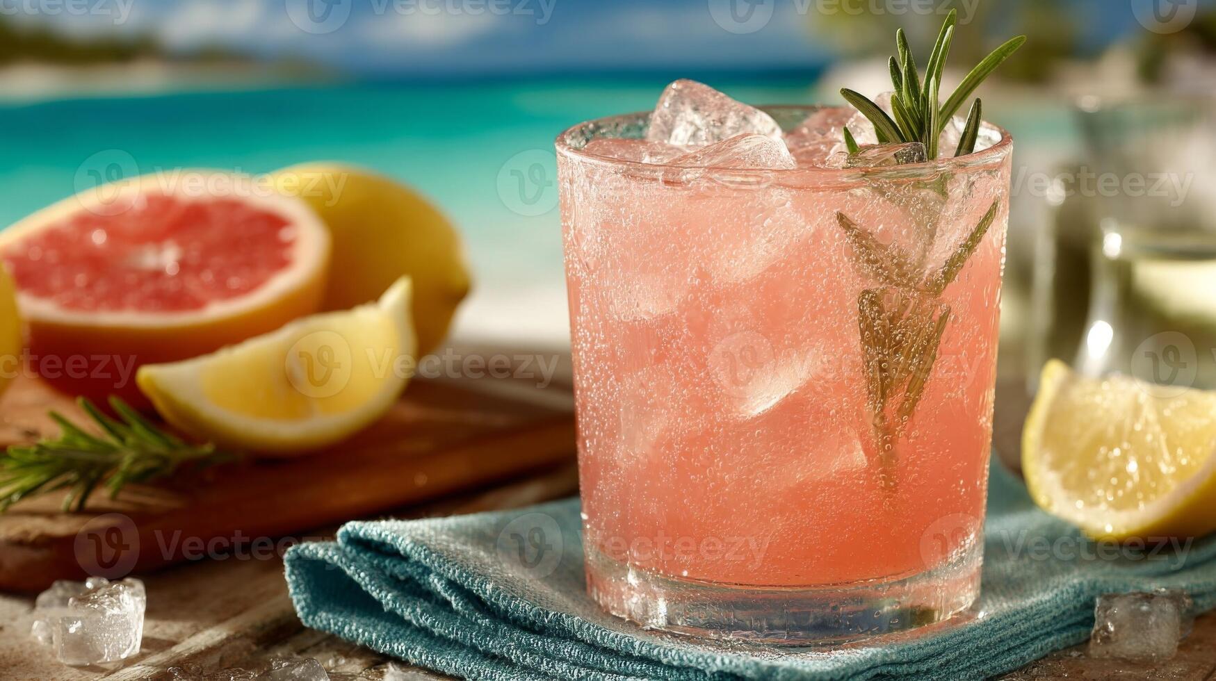 Pink Grapefruit Rosemary Cocktail on Beach photo