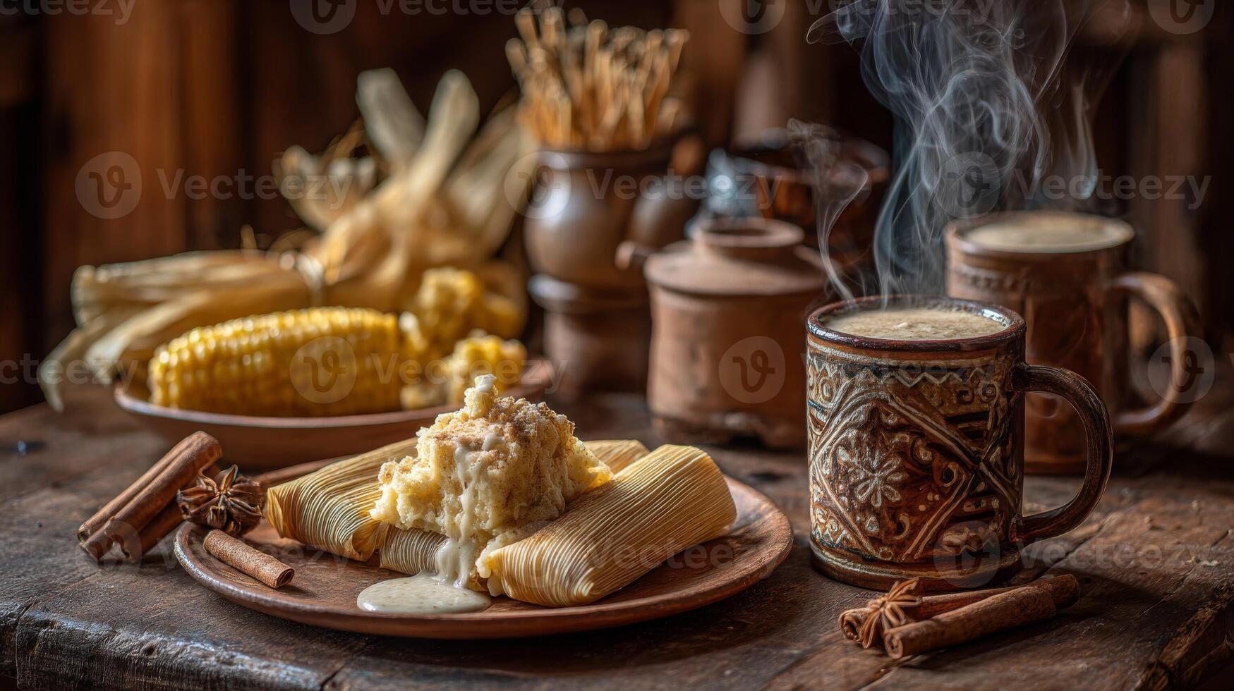 Warm Rustic Still Life with Creamy Corn and Hot Drink photo