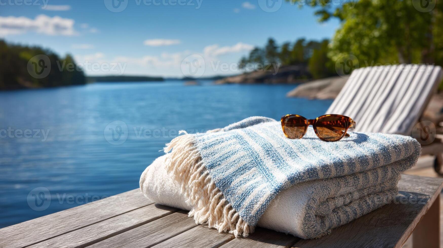 Summer Lake Relaxation Blue Water, Sunny Sky, and Beach Blanket photo