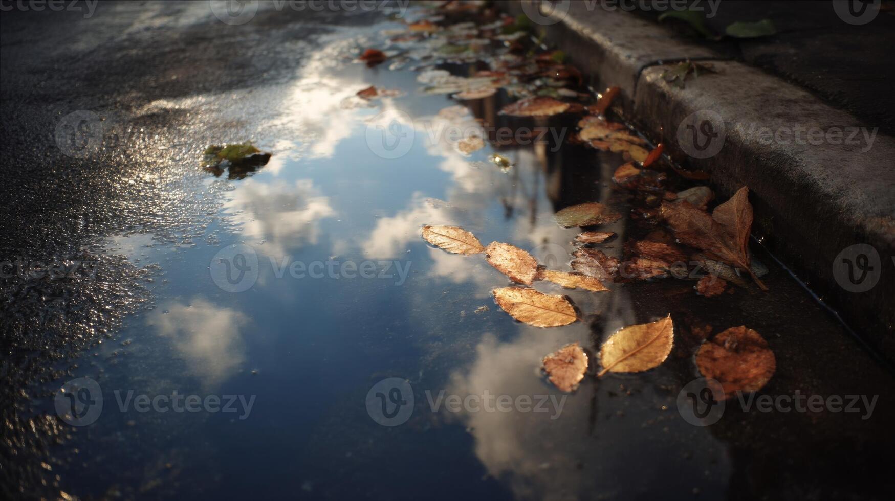 Autumn Leaves Reflecting in a City Puddle photo