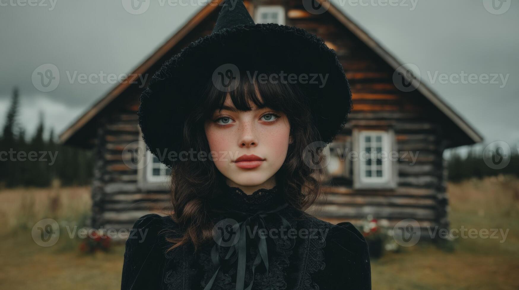 Portrait of a Young Woman in a Black Witch Hat and Dress Near a Rustic Log Cabin photo