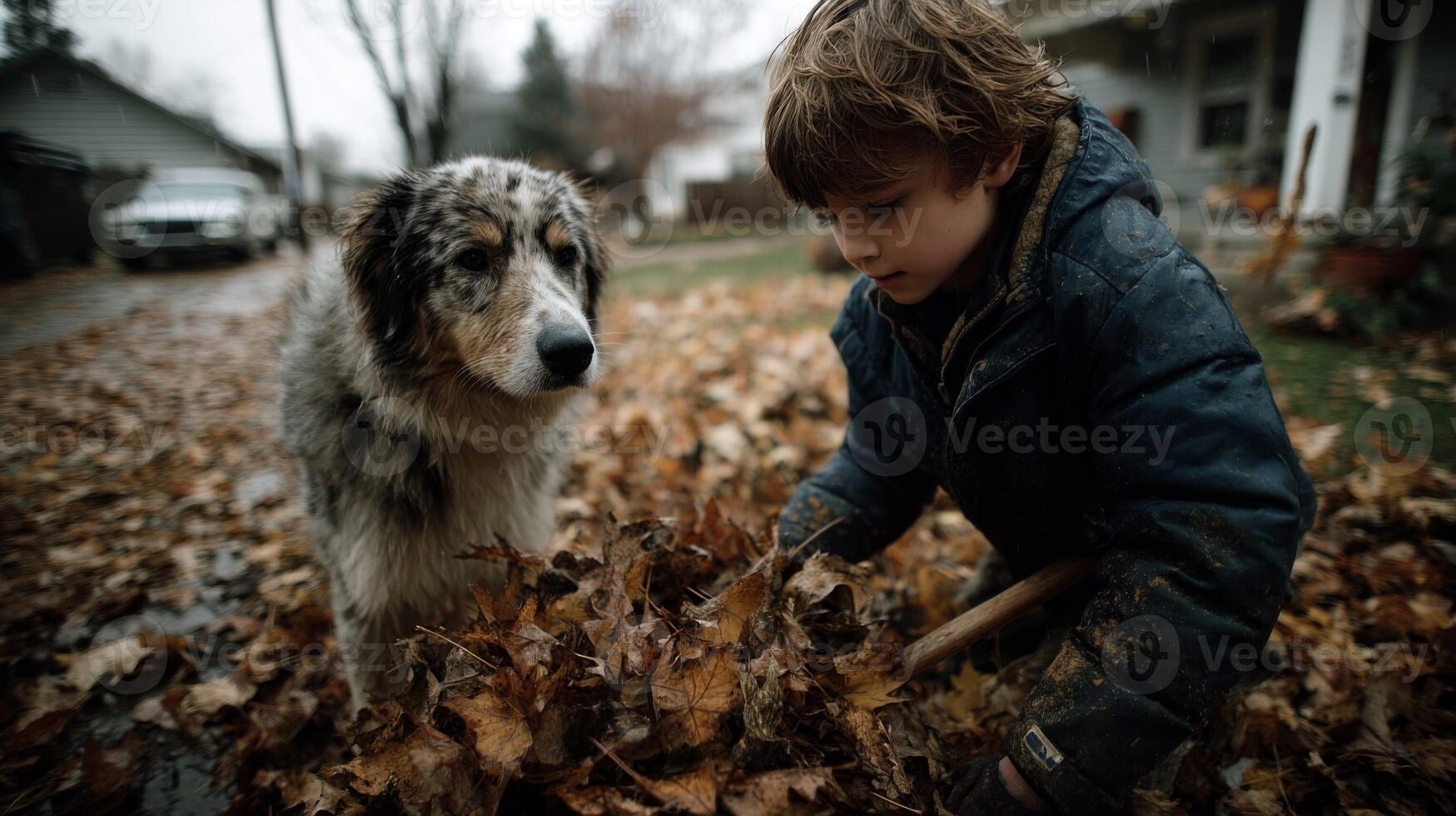 Boy and Dog Playing in Autumn Leaves photo