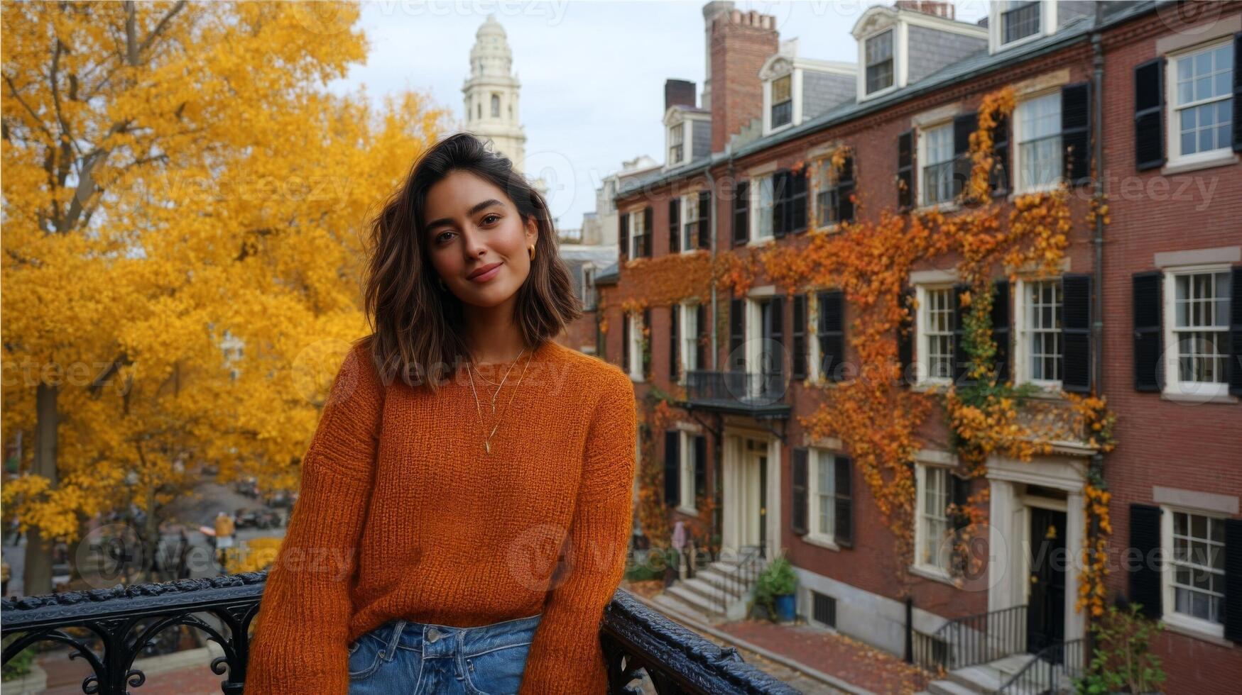 Smiling Woman in Orange Sweater Amidst Autumn Foliage in a City photo