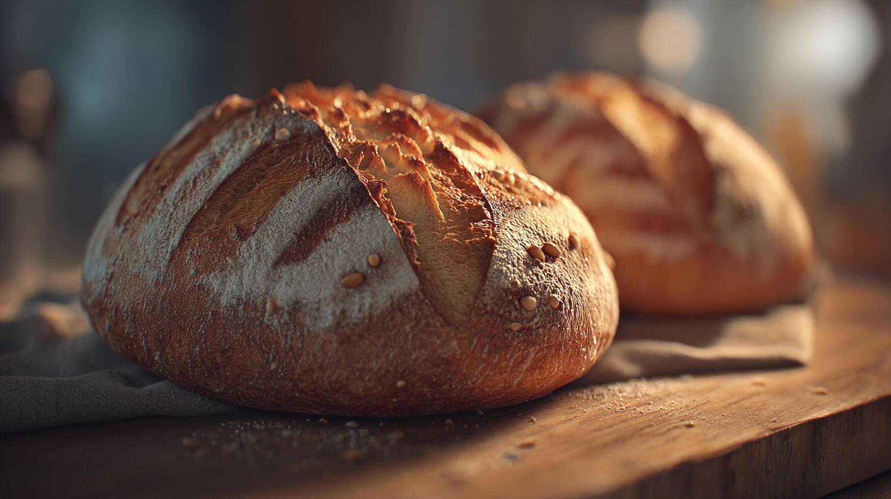 Sharp image of rustic bread on wooden board photography photo