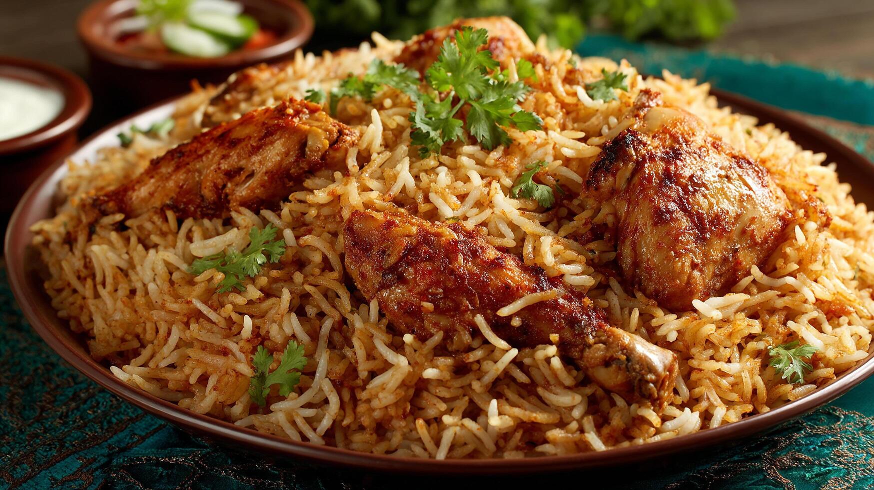 Sizzling biryani on rustic table in warm food photography photo