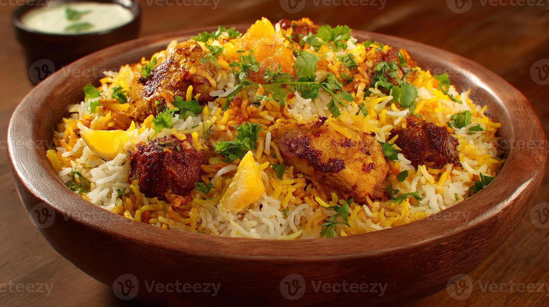 Flavorful biryani with chicken and rice in food photography photo