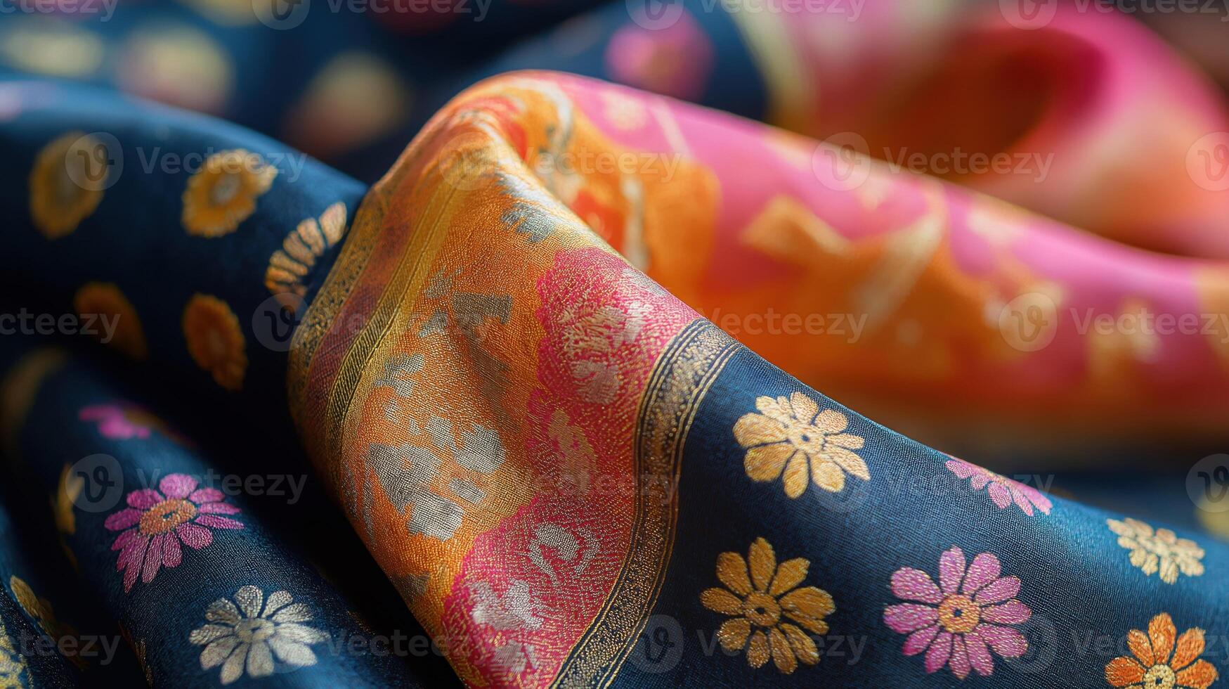 Luxurious silk saree fabrics with floral patterns photo