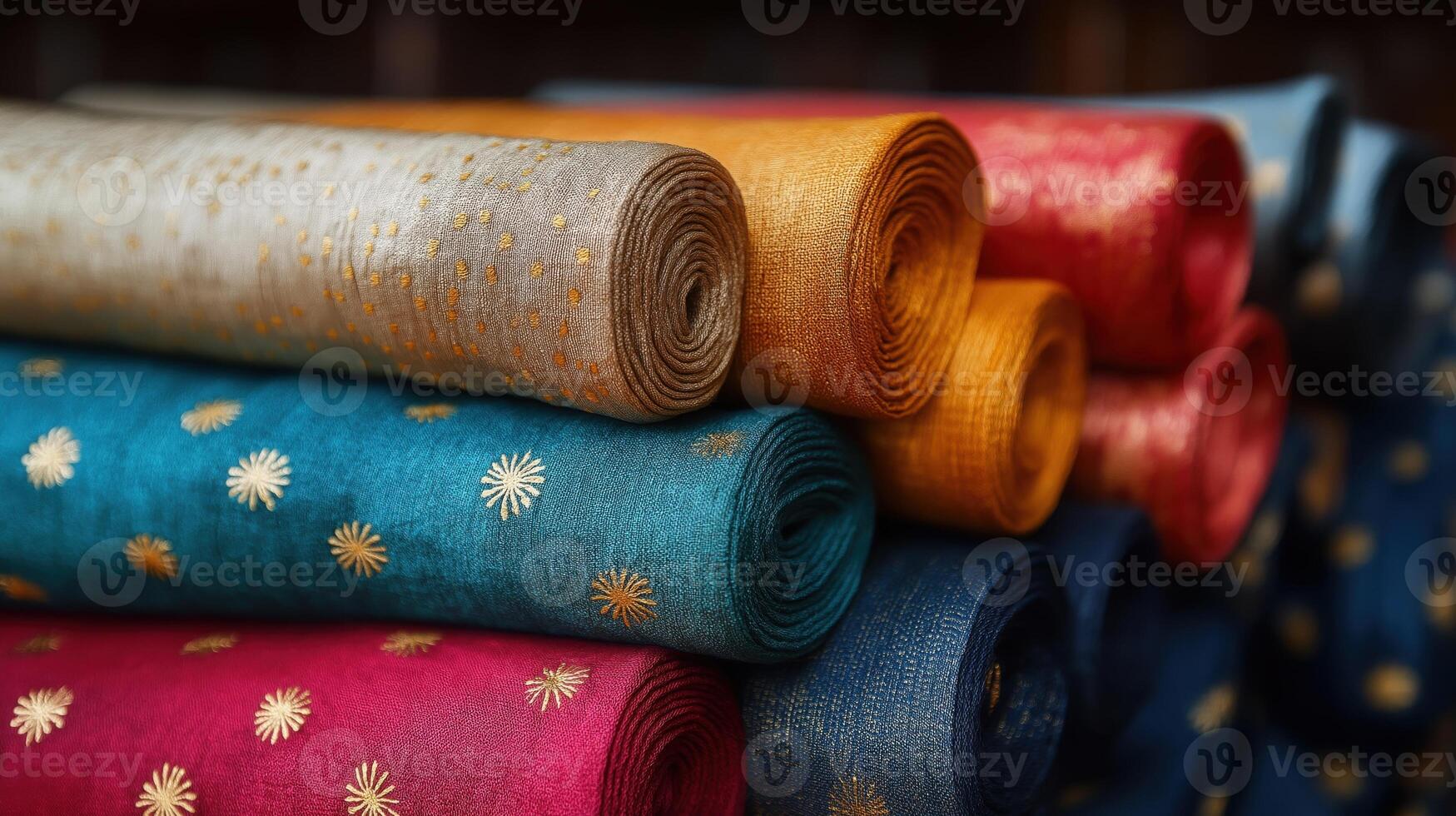 Collection of rolled silk brocade fabrics in bright pink, blue, and orange with golden patterns photo