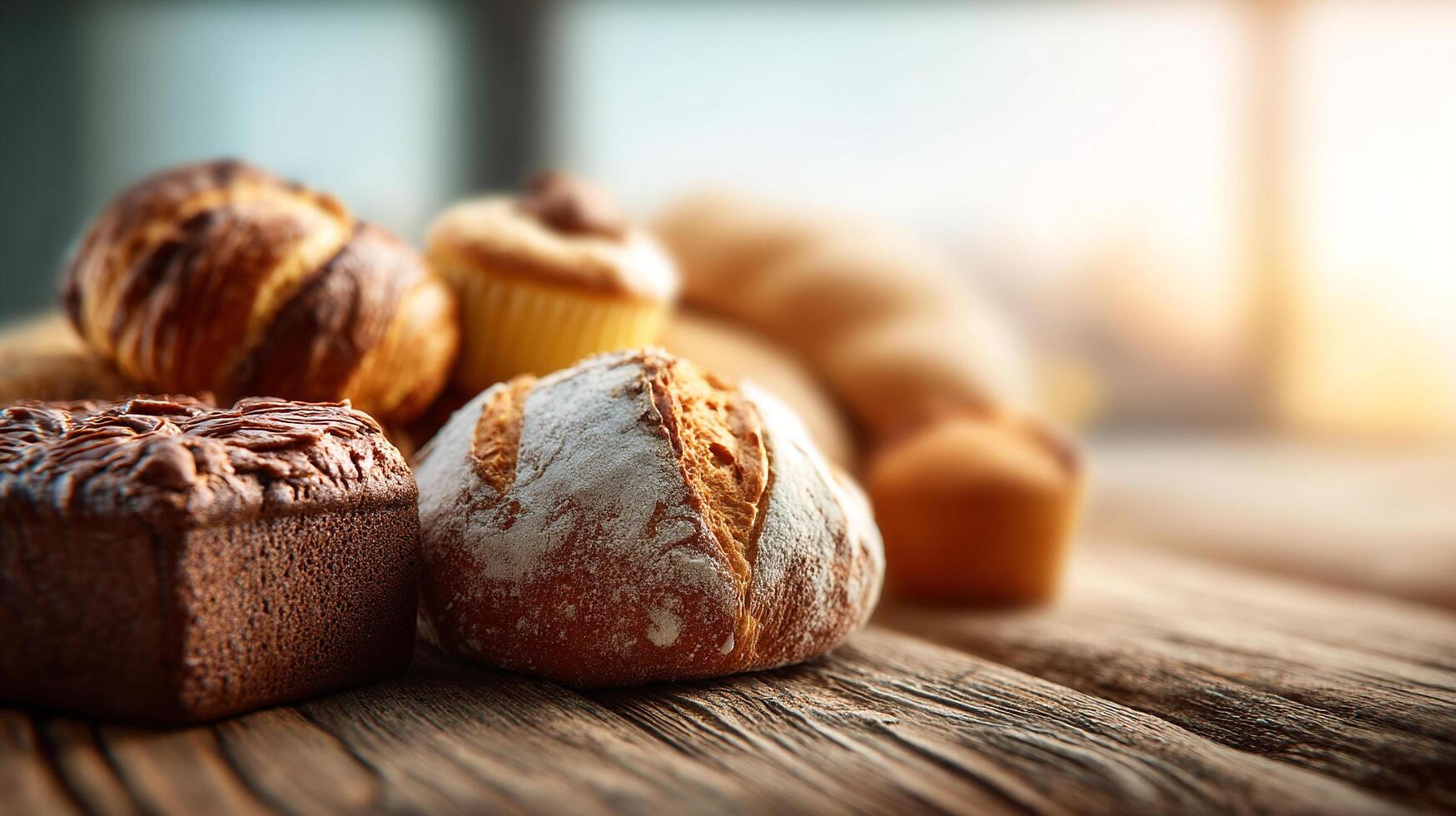 Fresh bakery items displayed on wood photo