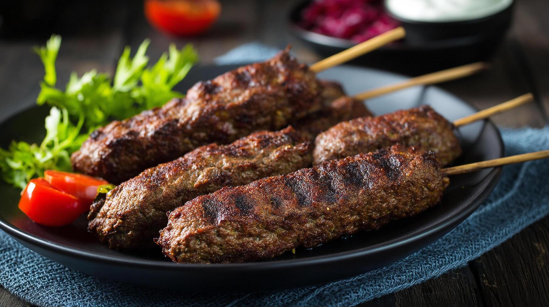 Fresh juicy kabab arranged with vibrant colors photo