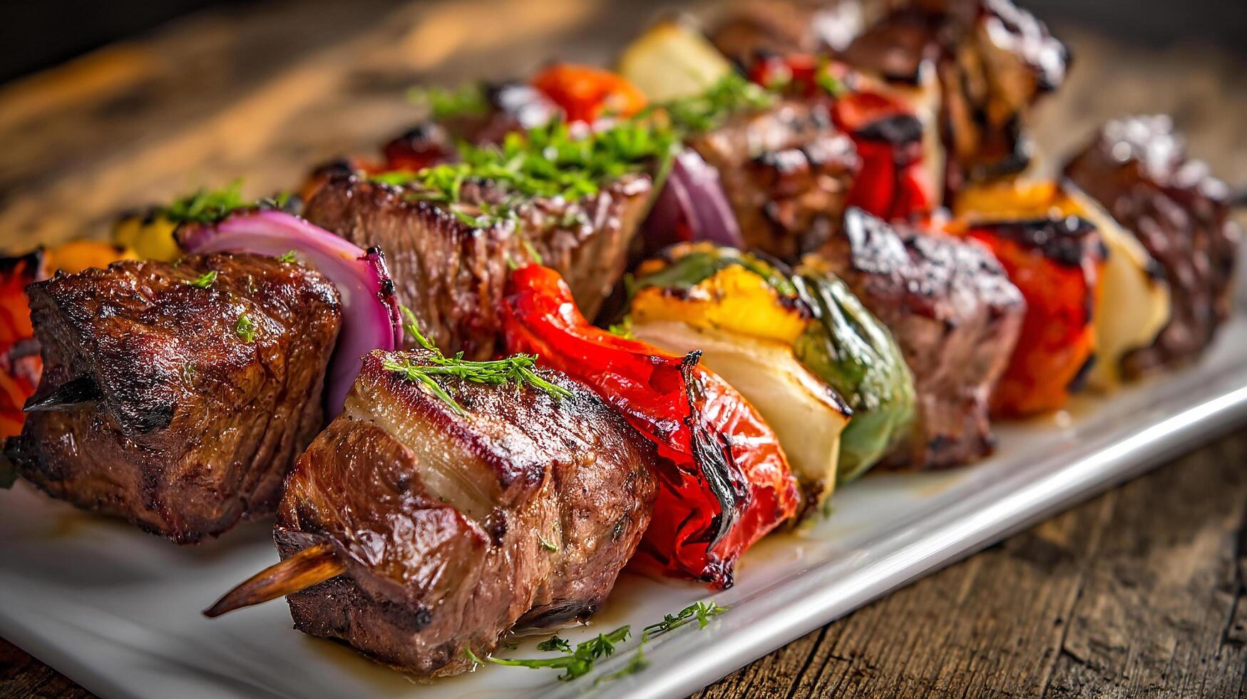 Tasty fresh kabab on ceramic plate with spices photo