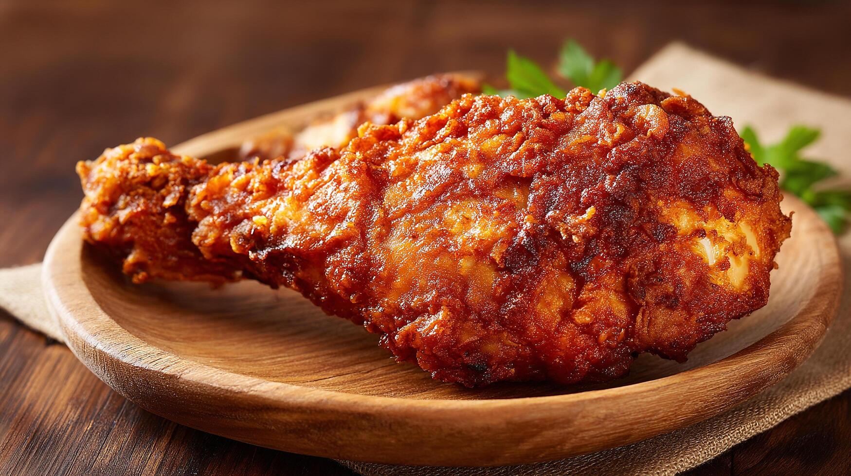 Rustic table with photorealistic fried chicken leg photo