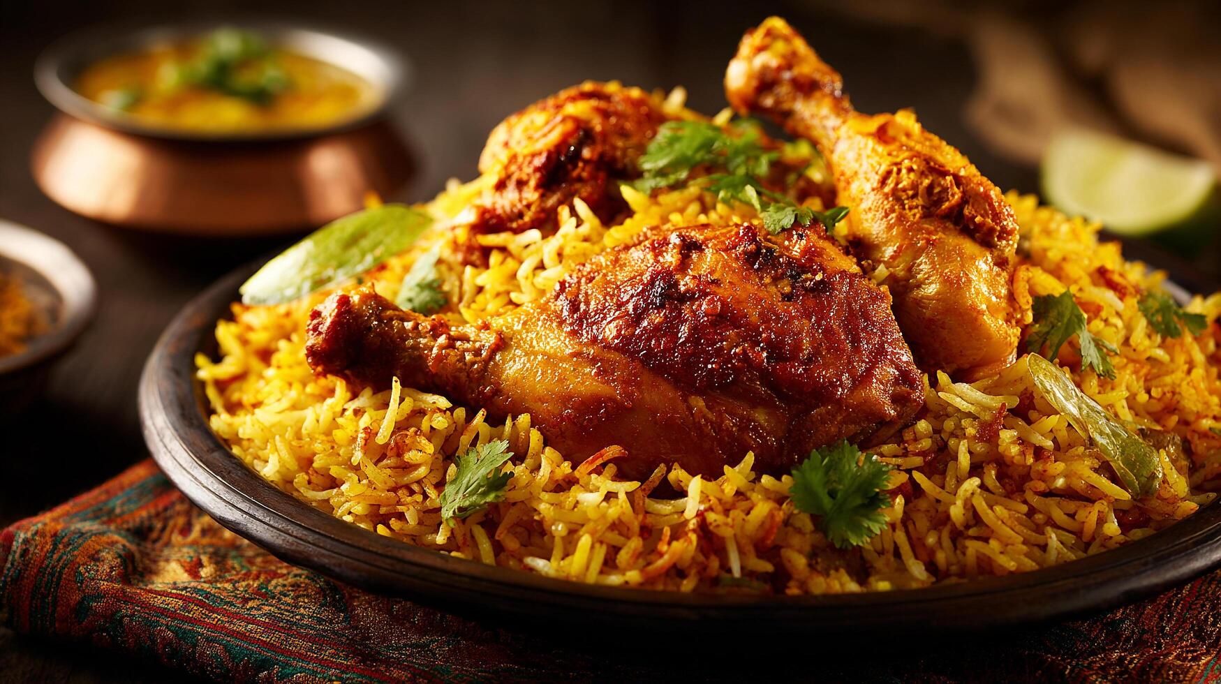 Freshly cooked chicken biryani image with realistic textures and details photo
