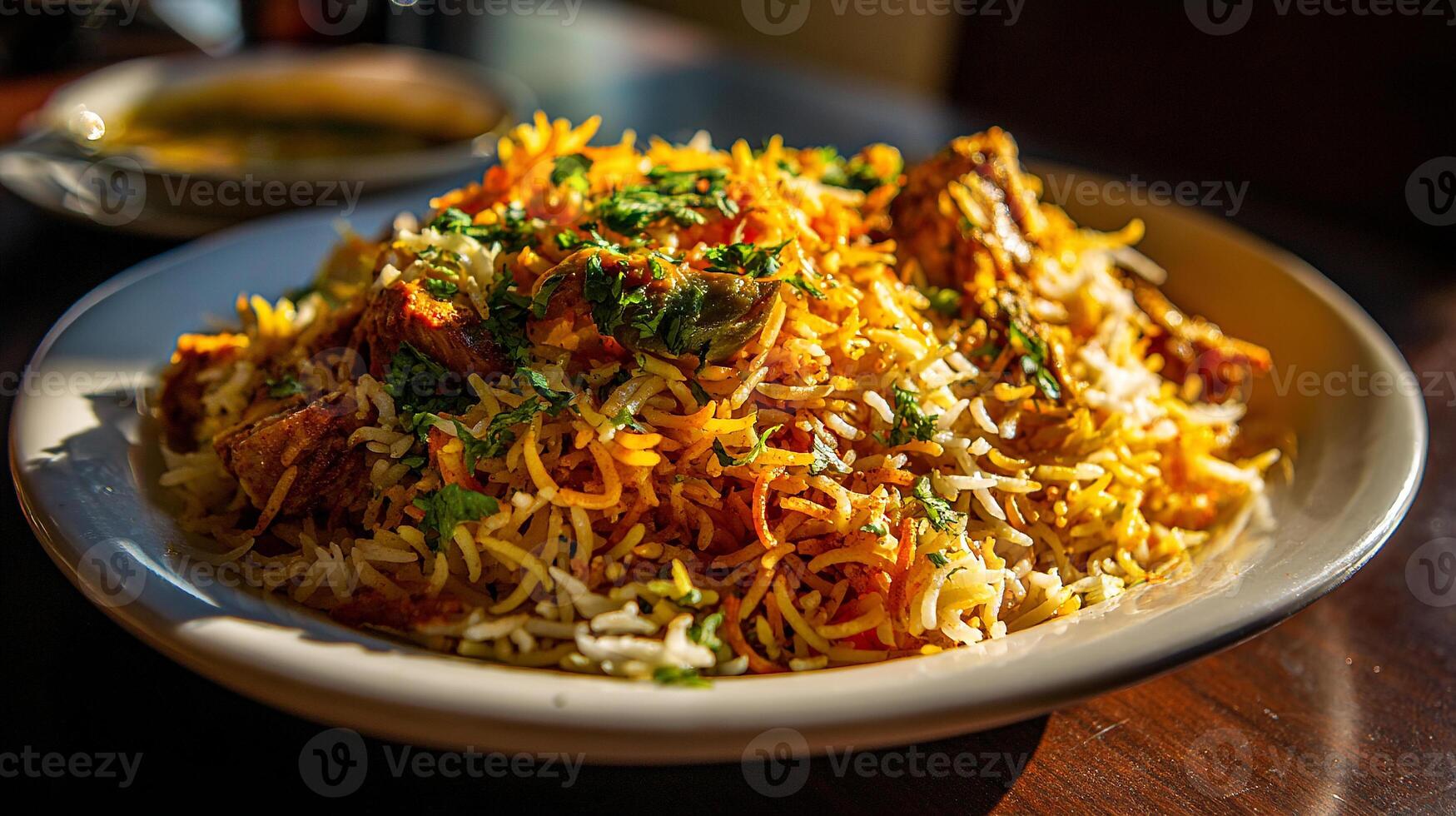 High detail food image of chicken biryani rice plate photo