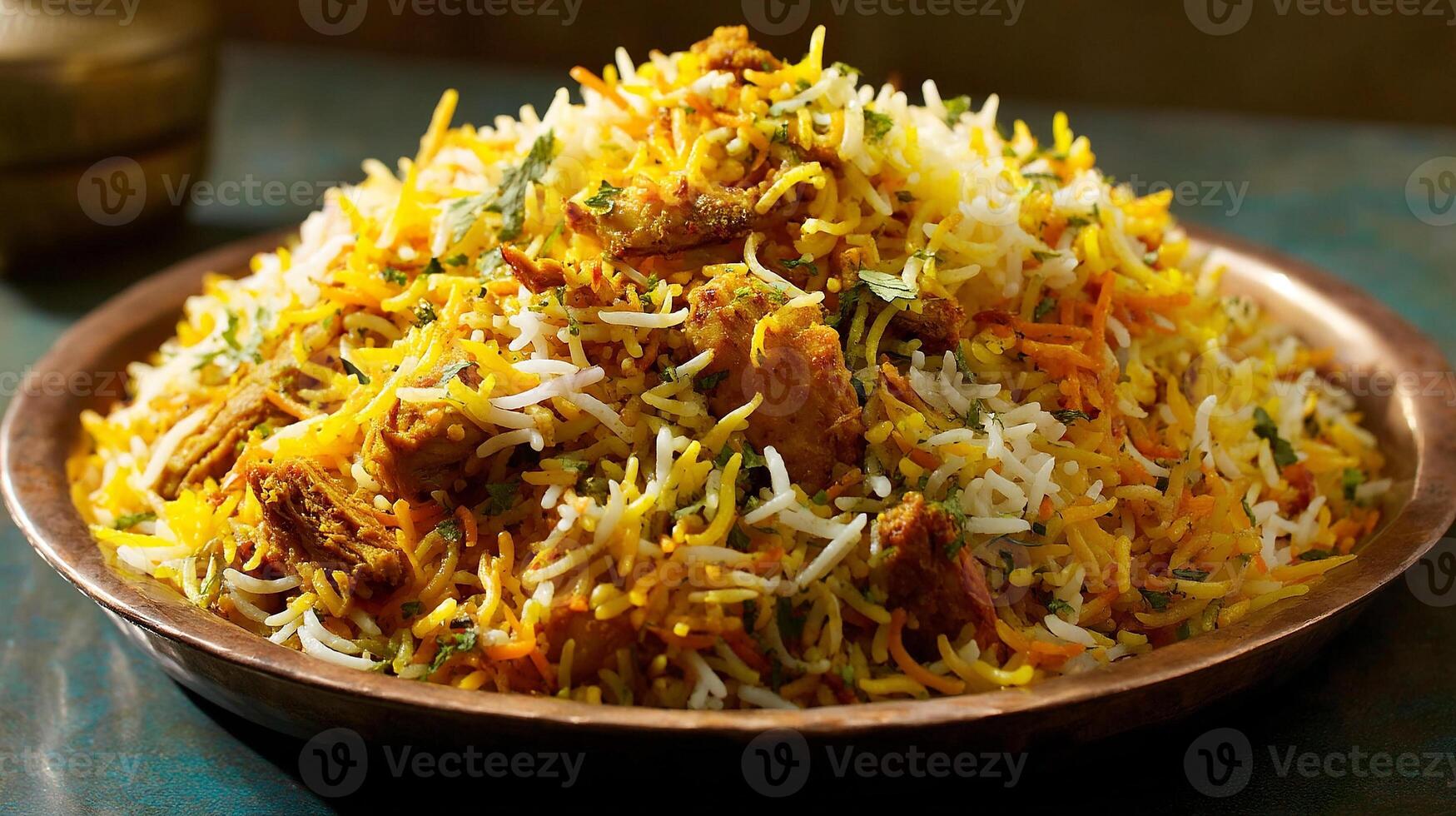 Delicious chicken biryani image with garnished rice and chicken photo