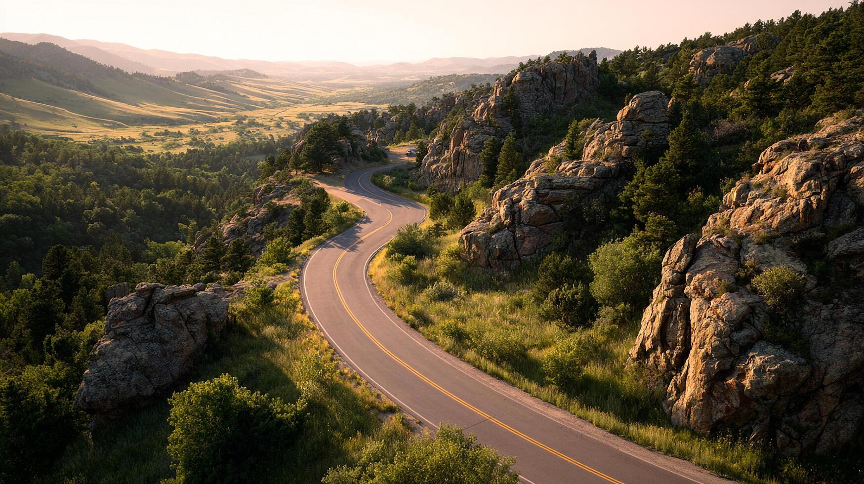 Nature road weaving through peaceful open land photo