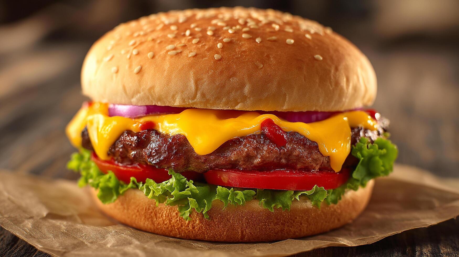 Perfectly lit photorealistic cheeseburger image with crisp focus photo