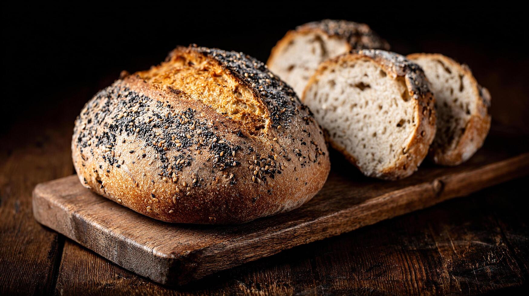 Photorealistic image of artisan bread loaf on rustic wooden board photo