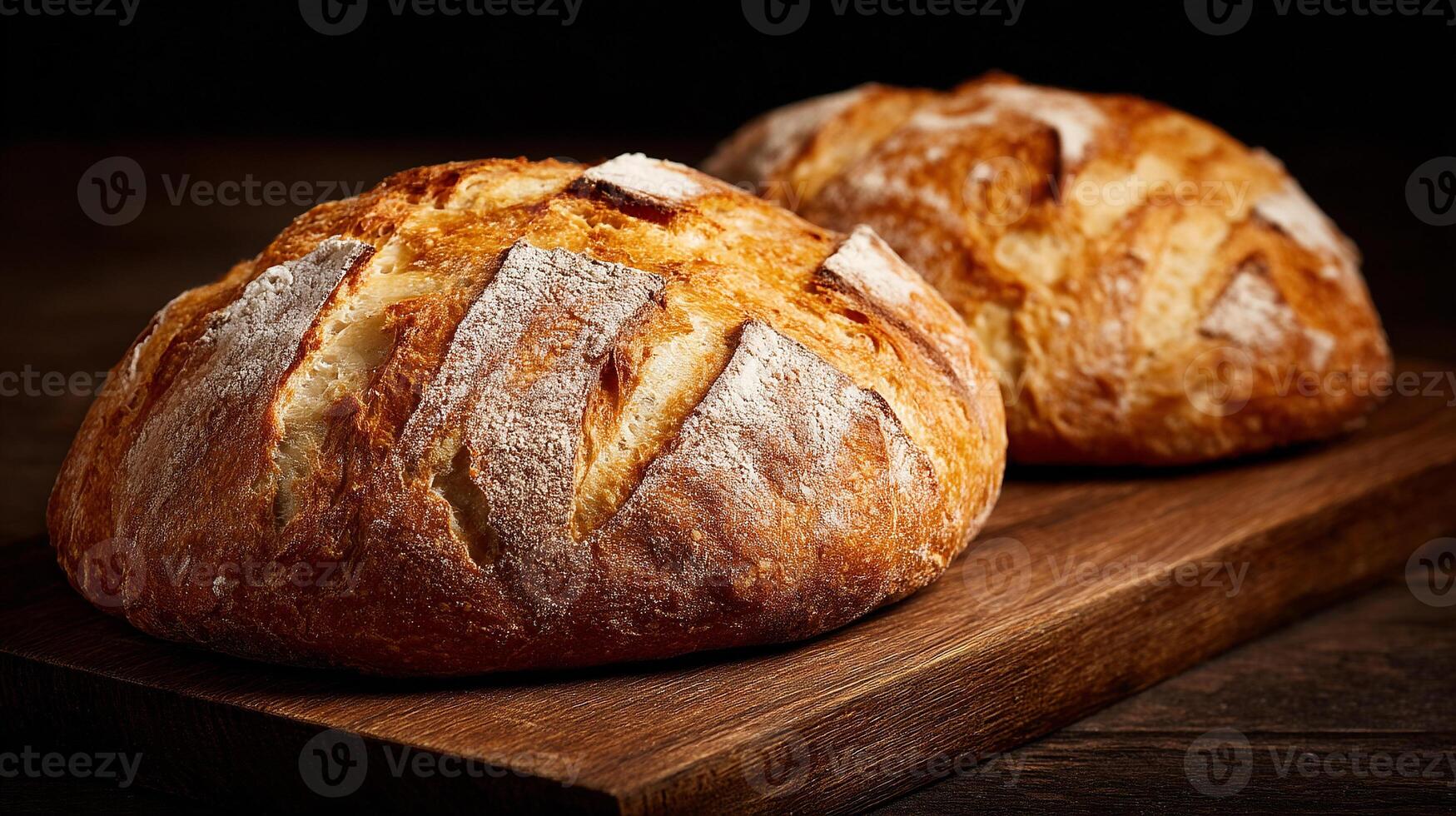 Flour topped artisan bread on grainy surface photography photo