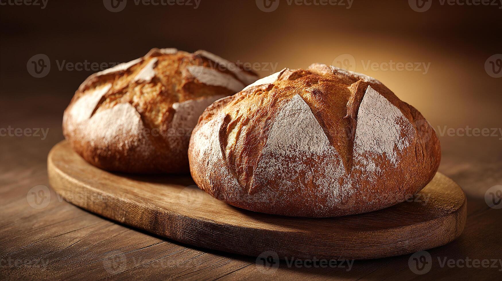 Handcrafted bread loaf image with crispy crust on wooden board photo