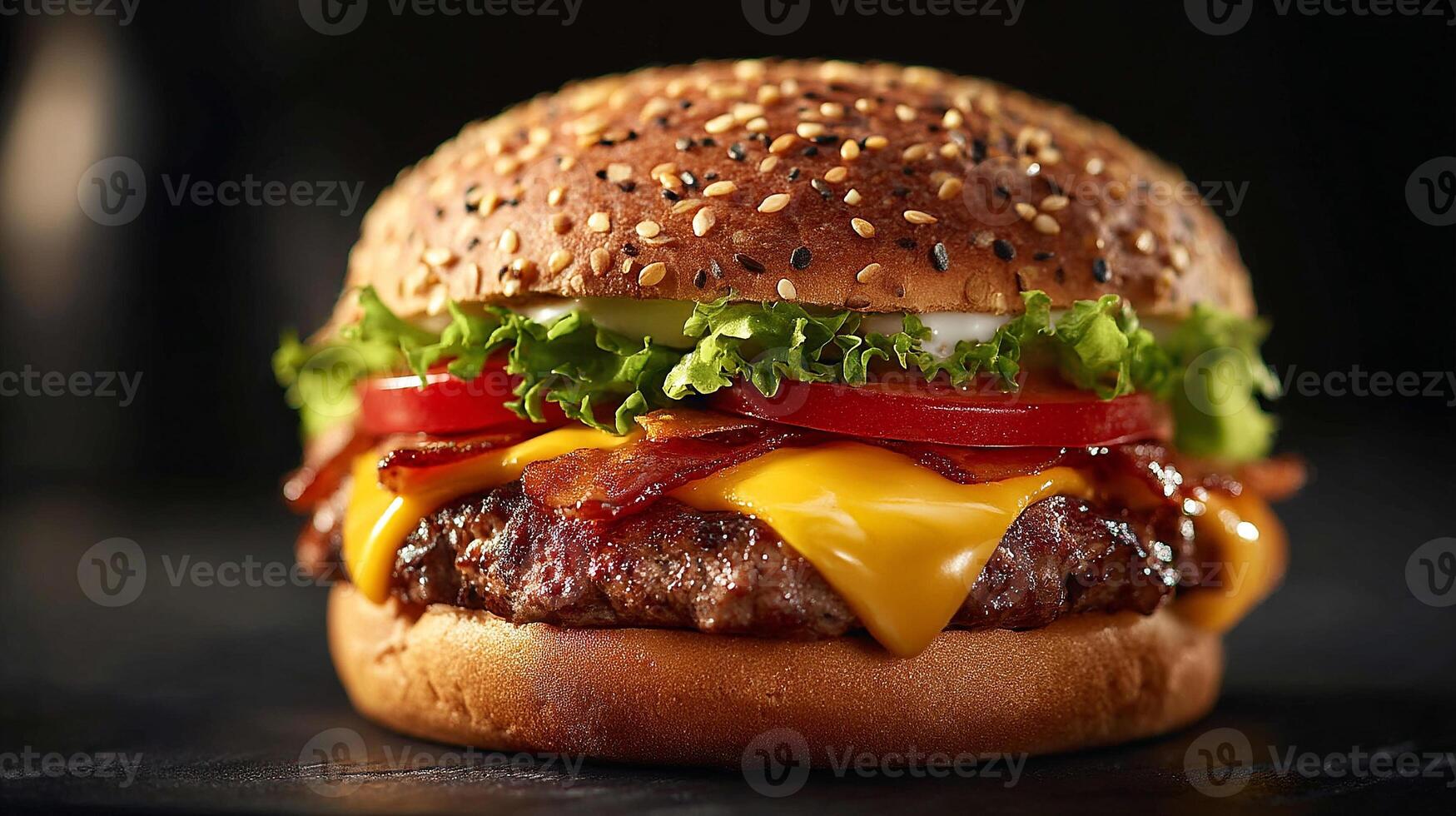 Juicy beef cheeseburger with tomato and lettuce closeup photo