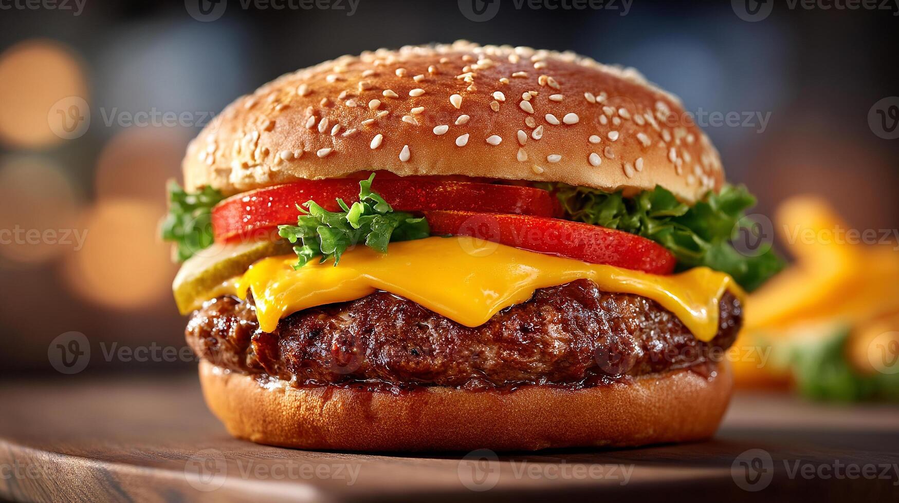 Closeup photo of cheeseburger with fresh vegetables and bun